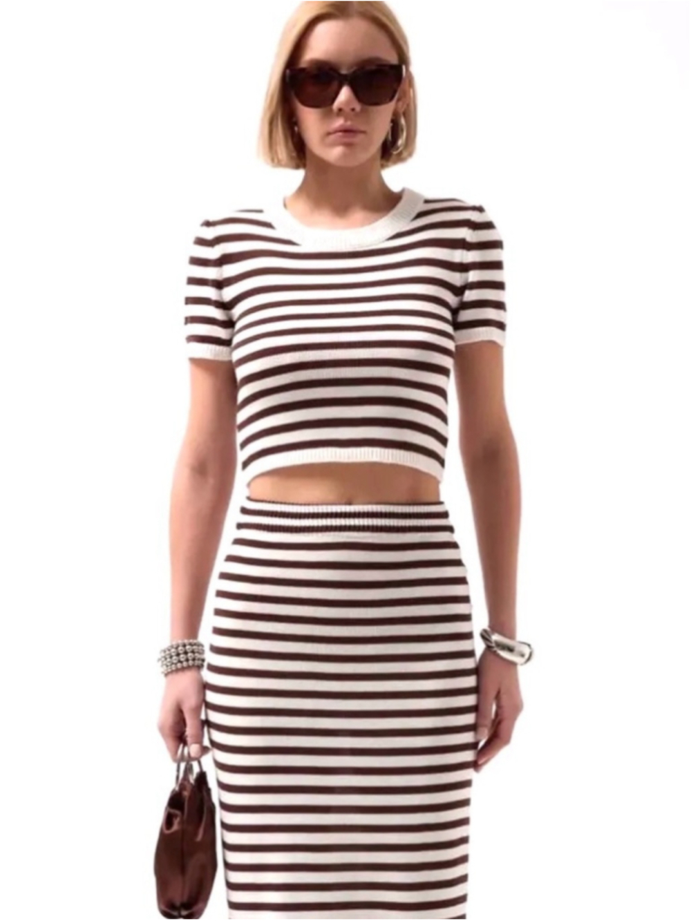 Atelier by KIRIOUS Striped Knit two Piece Set Cream Black Fitted Skirt Crop Top
